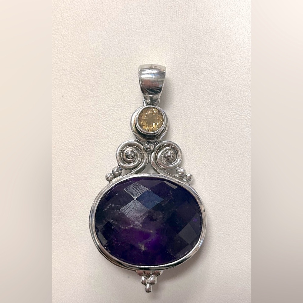 925 sterling silver, amethyst, & citrine boho drop necklace pendant